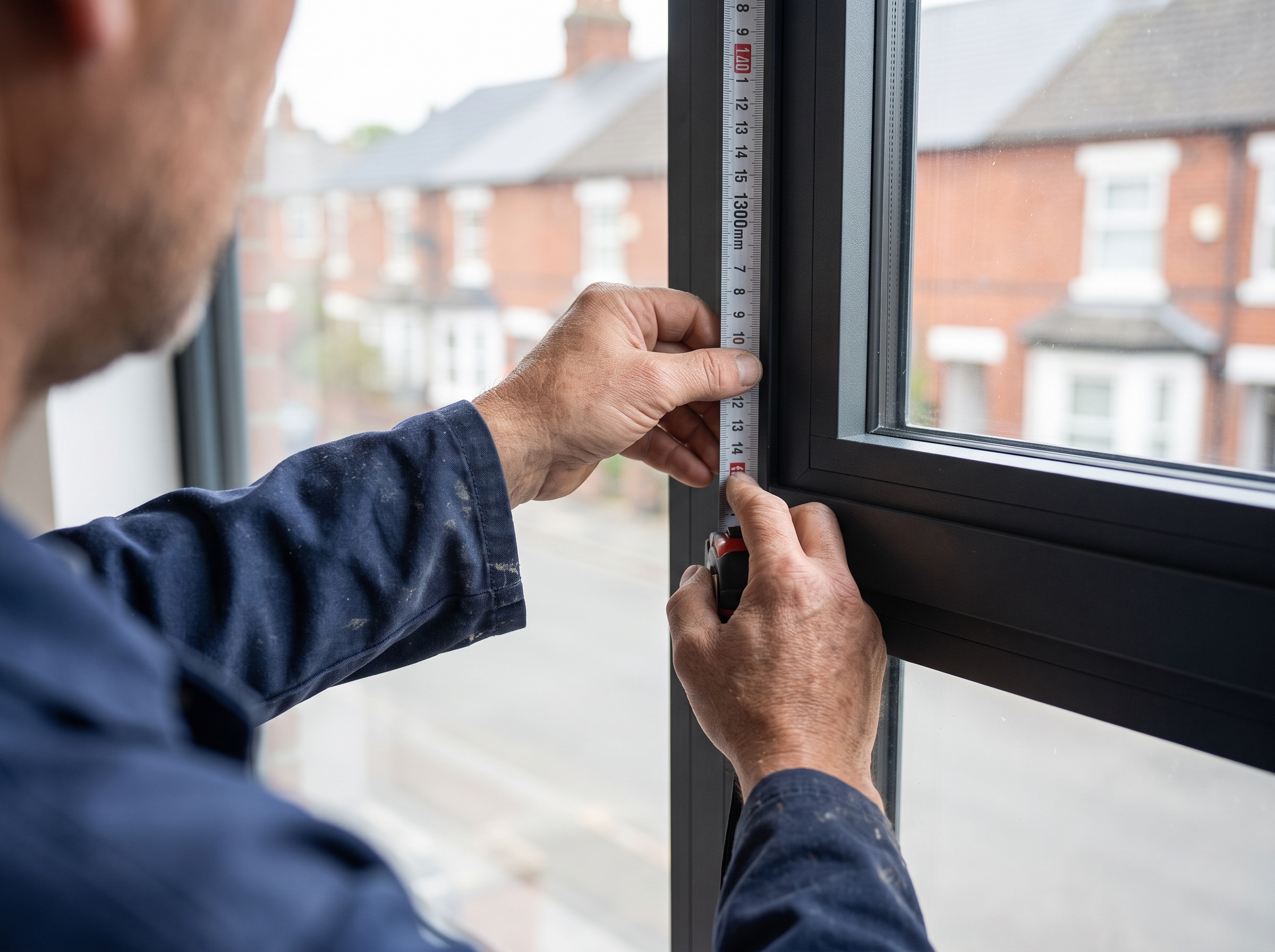 Breathe surveyor measuring a window frame