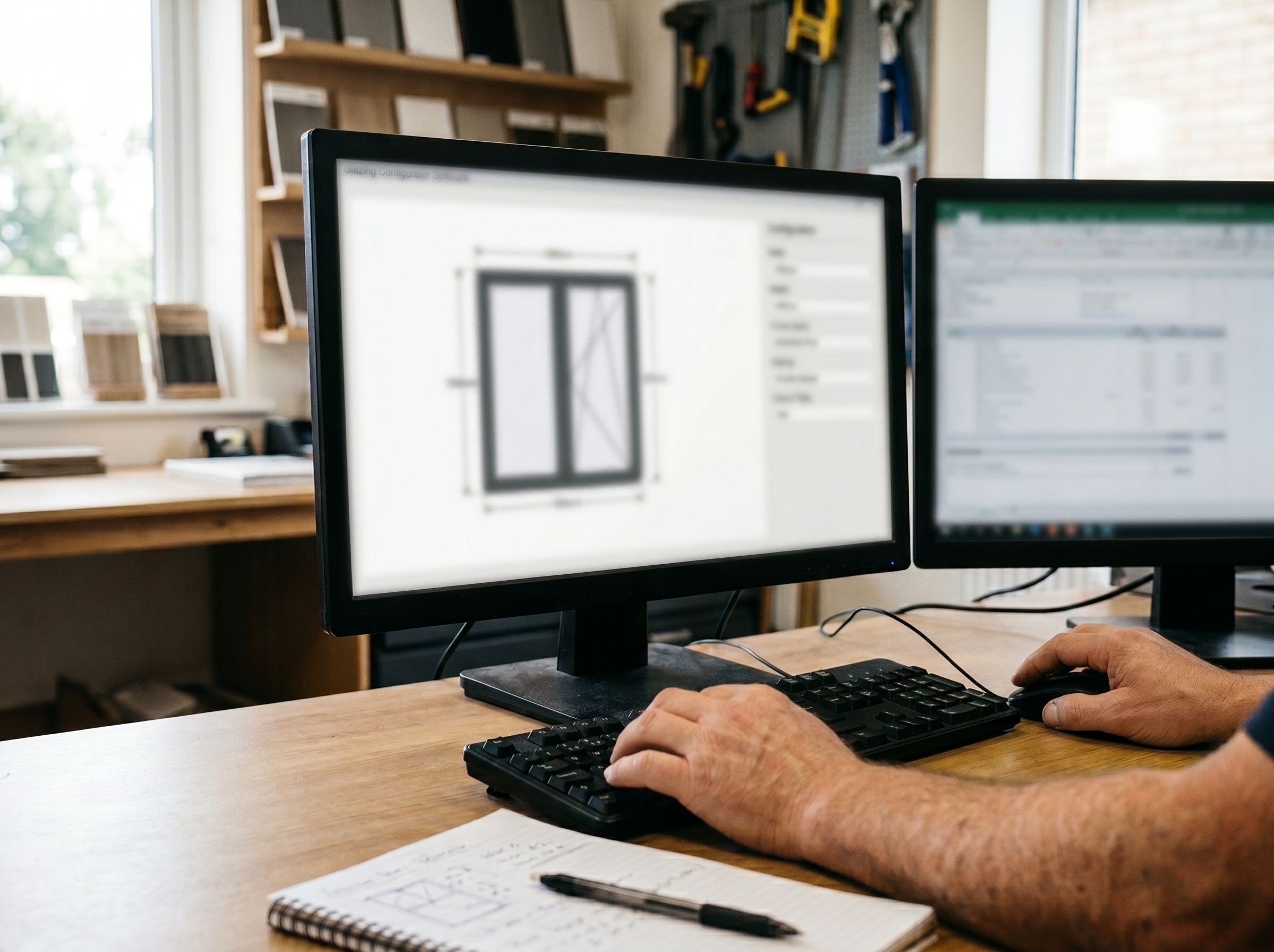 Glazing configurator software on dual monitors