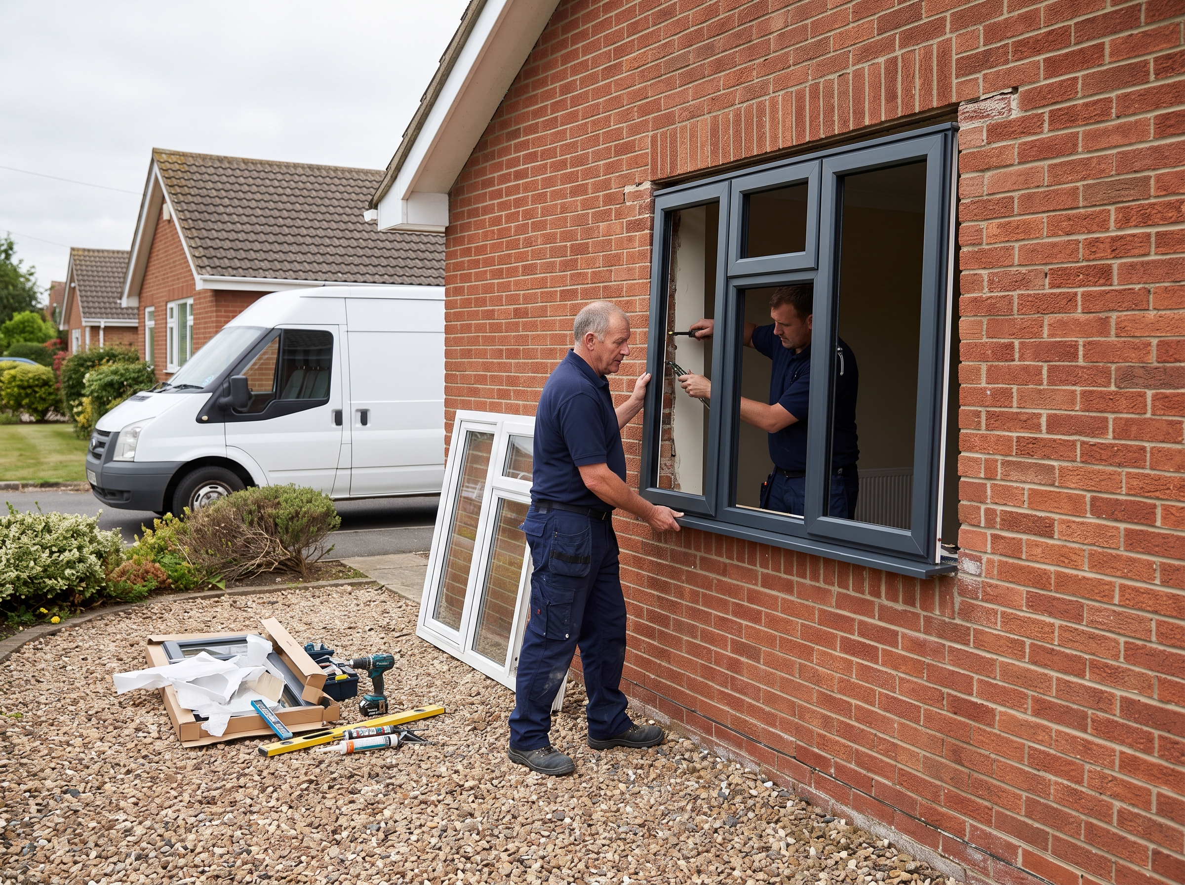 Two Breathe installers fitting a window into a brick bungalow