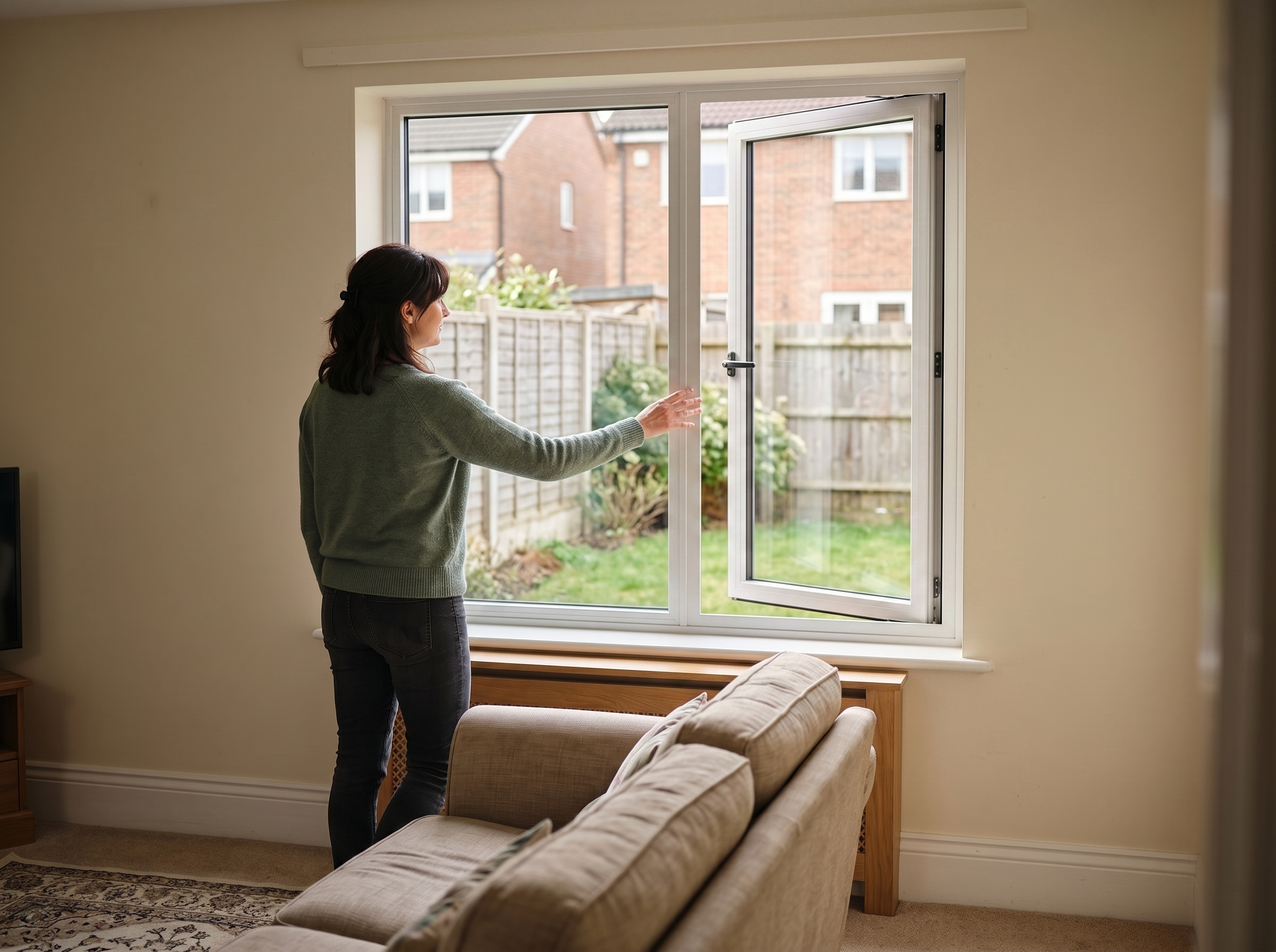 Homeowner opening a finished window in a living room
