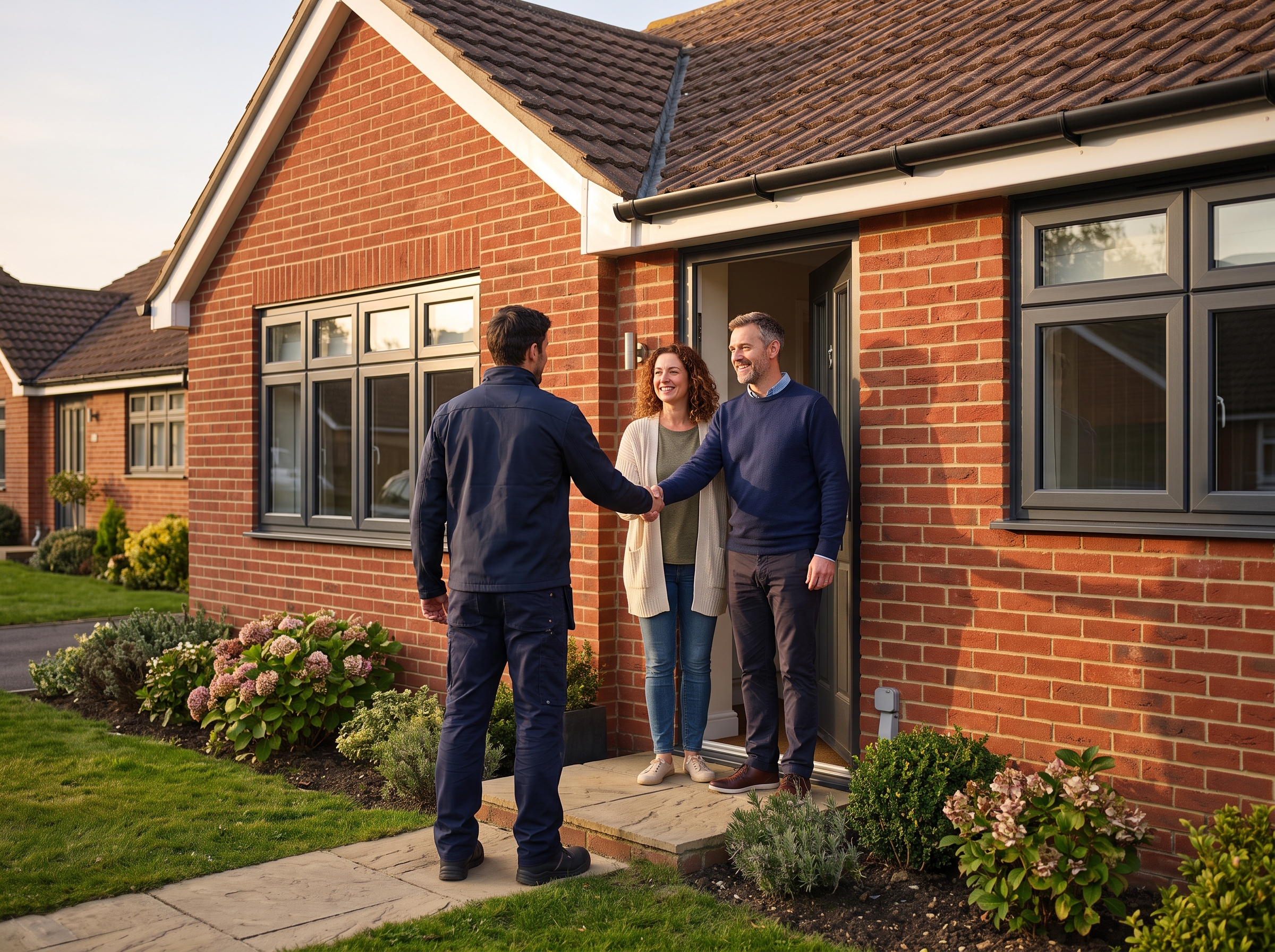 Installer shaking hands with homeowners outside their finished home